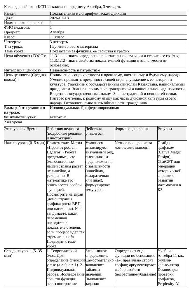 КСП Алгебра 11 класс 3 четверть Показательная функция ее свойства (урок 1)