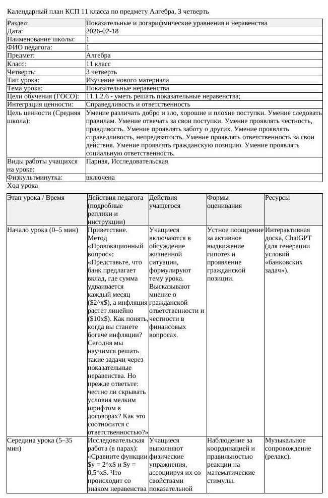 КСП Алгебра 11 класс 3 четверть Показательные неравенства (урок 1)