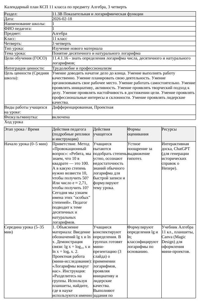 КСП Алгебра 11 класс 3 четверть Понятие десятичного и натурального