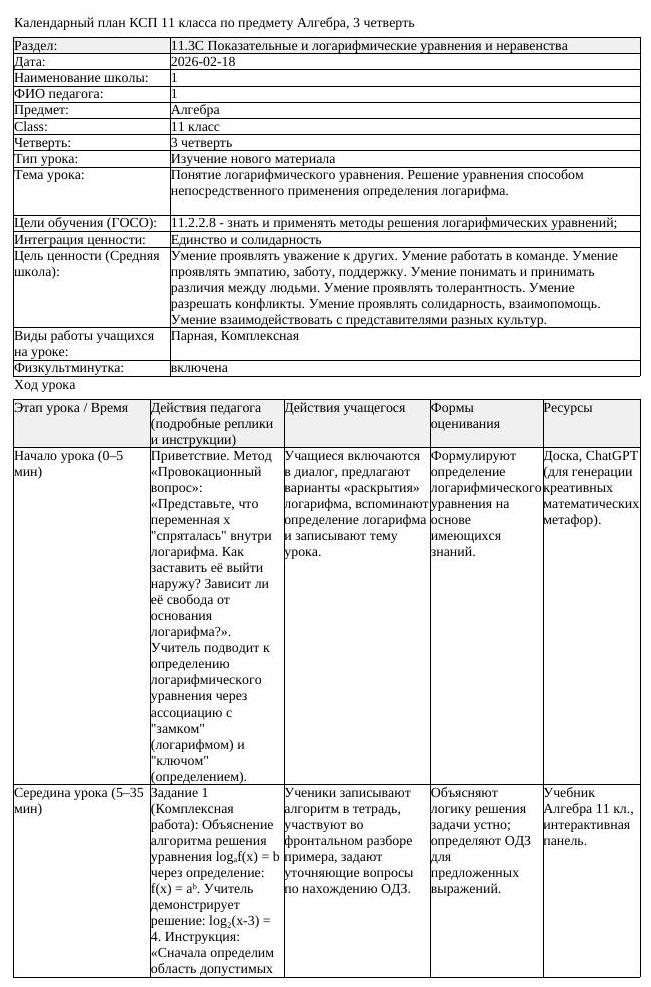 КСП Алгебра 11 класс 3 четверть Понятие логарифмического уравнения