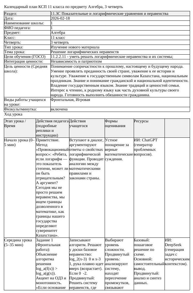 КСП Алгебра 11 класс 3 четверть Решение логарифмических неравенств