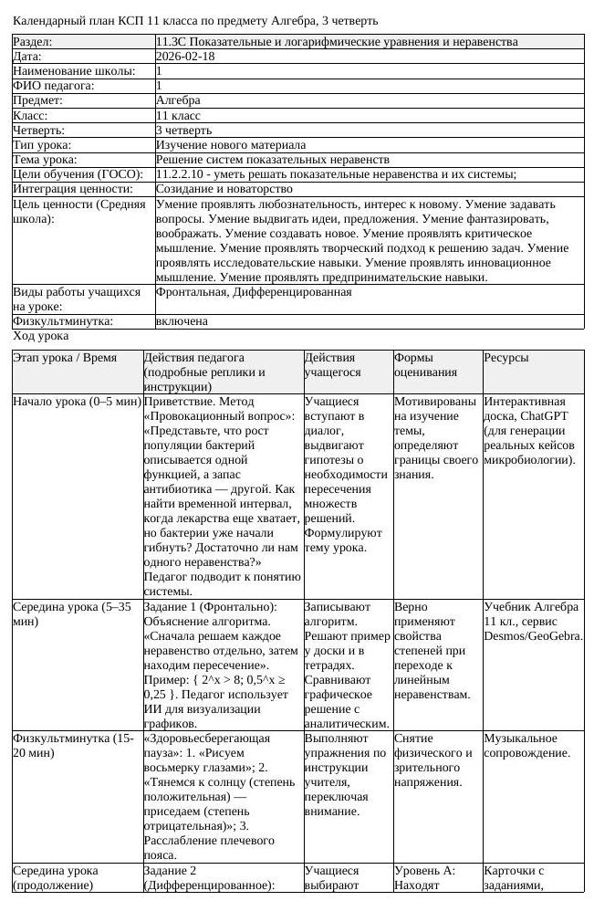 КСП Алгебра 11 класс 3 четверть Решение систем показательных неравенств