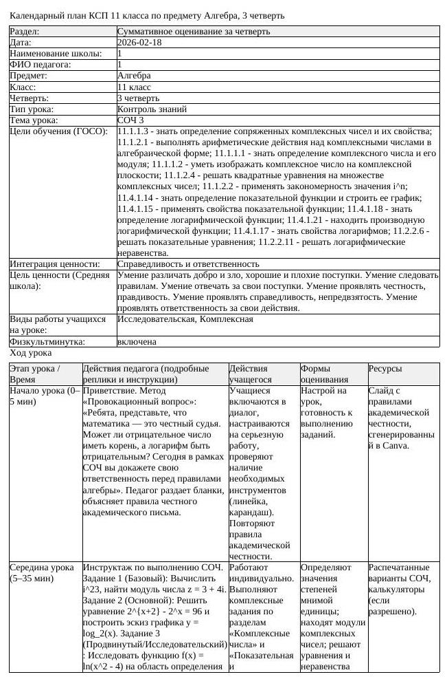 КСП Алгебра 11 класс 3 четверть СОЧ 3 docx