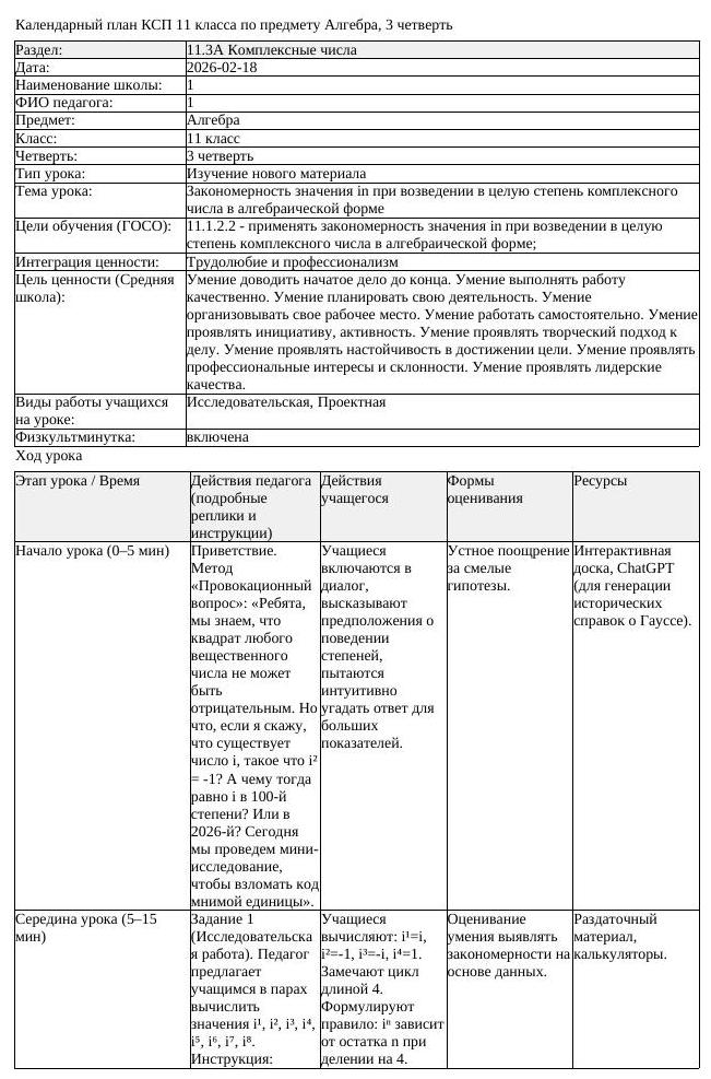 КСП Алгебра 11 класс 3 четверть Закономерность значения in при возведении