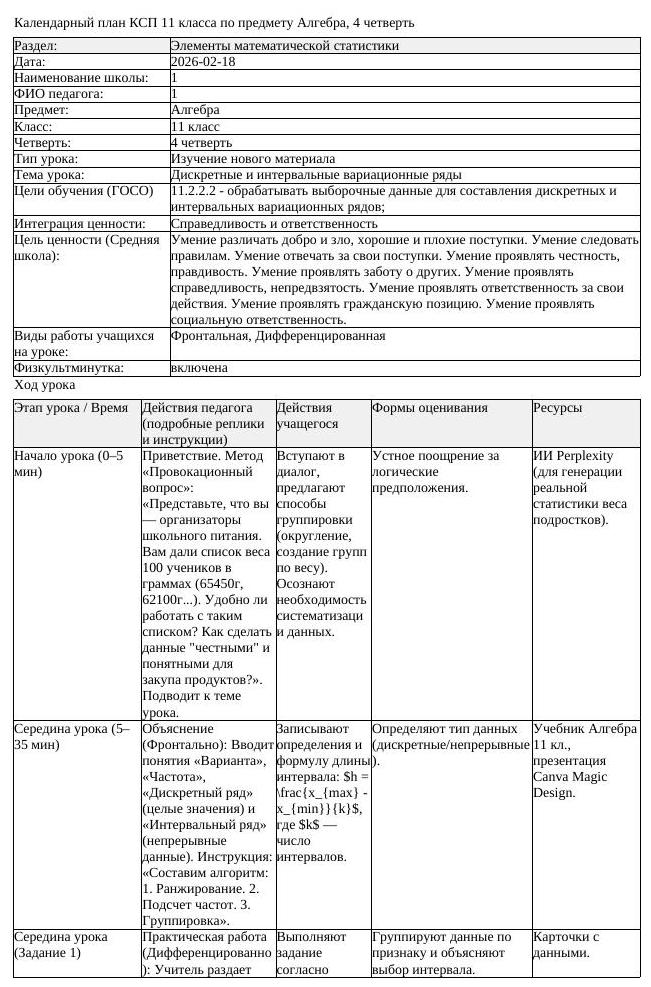 КСП Алгебра 11 класс 4 четверть Дискретные и интервальные вариационные (урок 1)