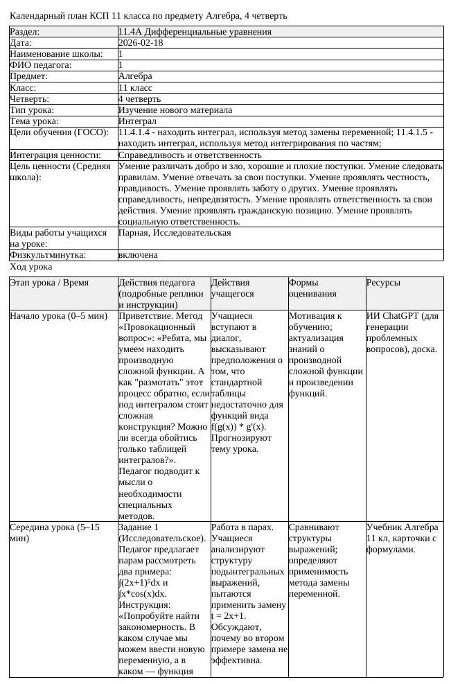 КСП Алгебра 11 класс 4 четверть Интеграл docx