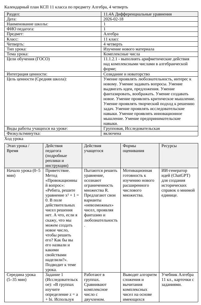 КСП Алгебра 11 класс 4 четверть Комплексные числа docx