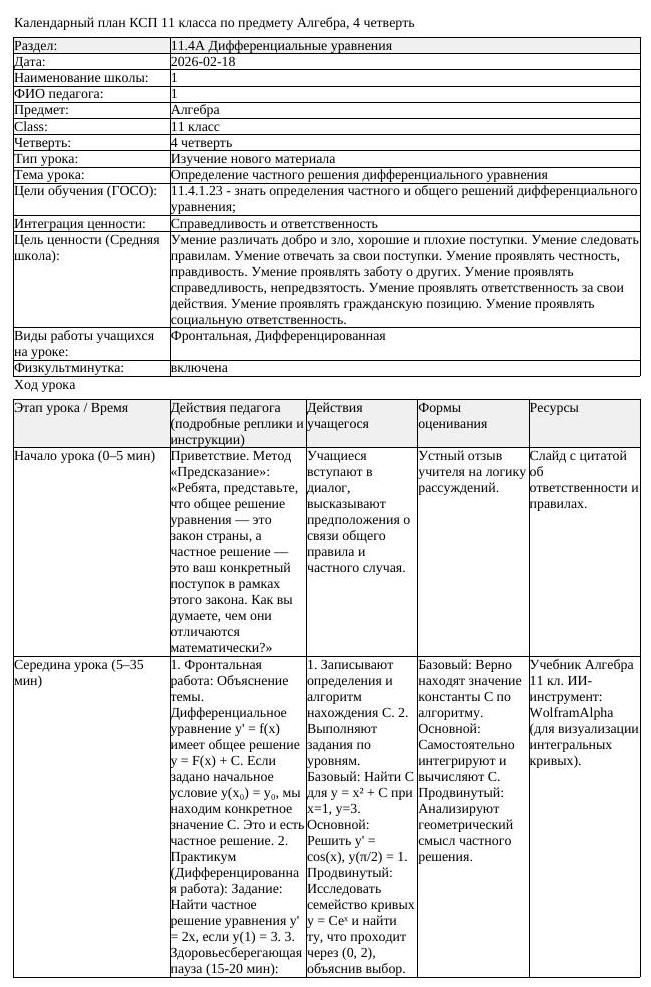 КСП Алгебра 11 класс 4 четверть Определение частного решения дифференциально