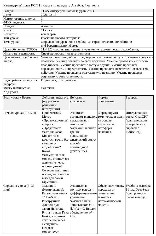 КСП Алгебра 11 класс 4 четверть Определение уравнения свободных гармонически