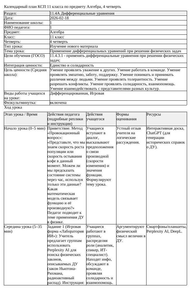 КСП Алгебра 11 класс 4 четверть Применение дифференциальных уравнений