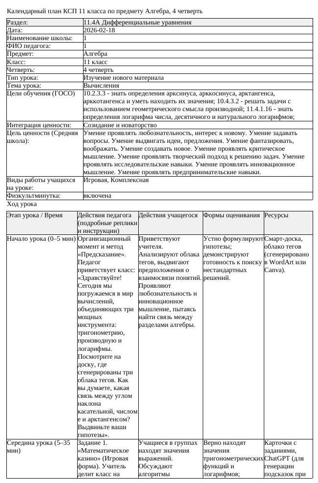 КСП Алгебра 11 класс 4 четверть Вычисления docx