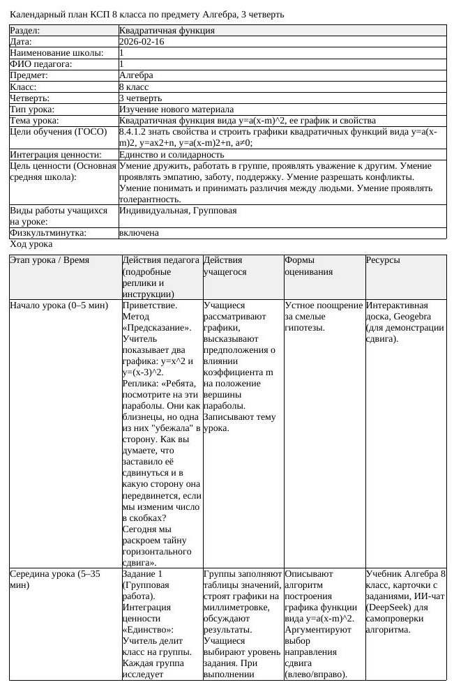 КСП Алгебра 8 класс 3 четверть Квадратичная функция вида у а х m (урок 1)