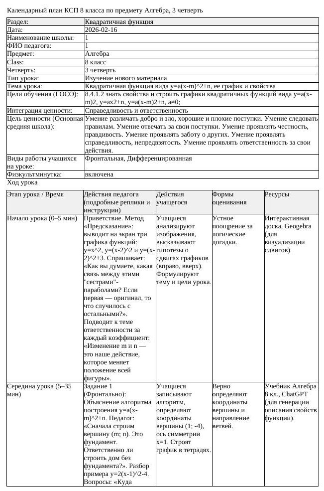КСП Алгебра 8 класс 3 четверть Квадратичная функция вида у а х m (урок 2)