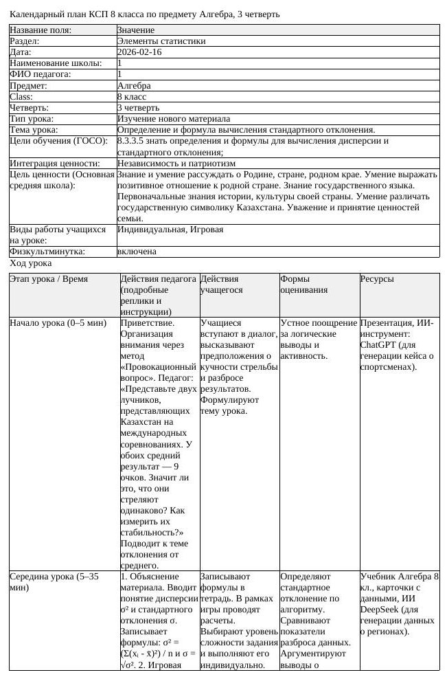 КСП Алгебра 8 класс 3 четверть Определение и формула вычисления стандартного