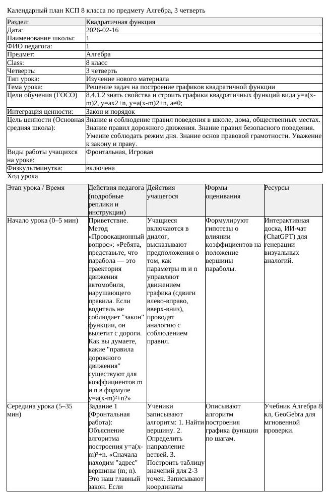 КСП Алгебра 8 класс 3 четверть Решение задач на построение графиков
