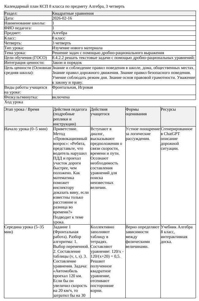 КСП Алгебра 8 класс 3 четверть Решение задач с помощью дробно рационального