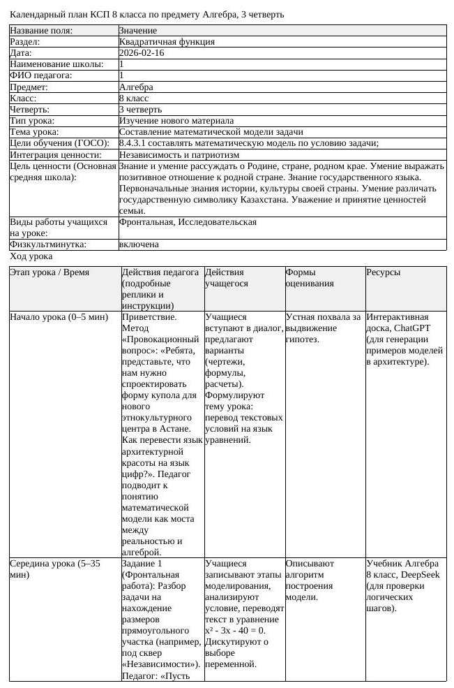 КСП Алгебра 8 класс 3 четверть Составление математической модели