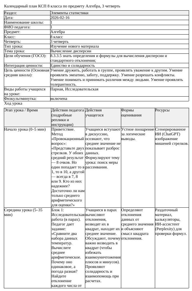 КСП Алгебра 8 класс 3 четверть Вычисление дисперсии docx