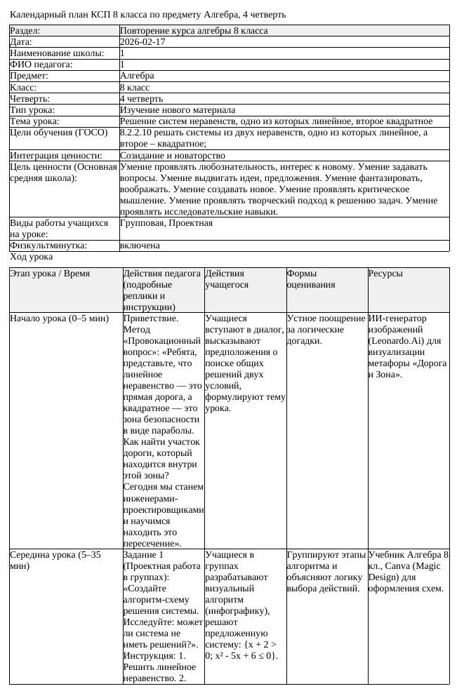 КСП Алгебра 8 класс 4 четверть1 Решение систем неравенств одно из (урок 2)