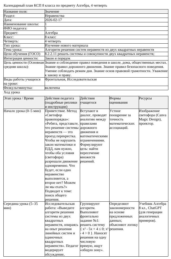 КСП Алгебра 8 класс 4 четверть Алгоритм решения систем неравенств (урок 2)