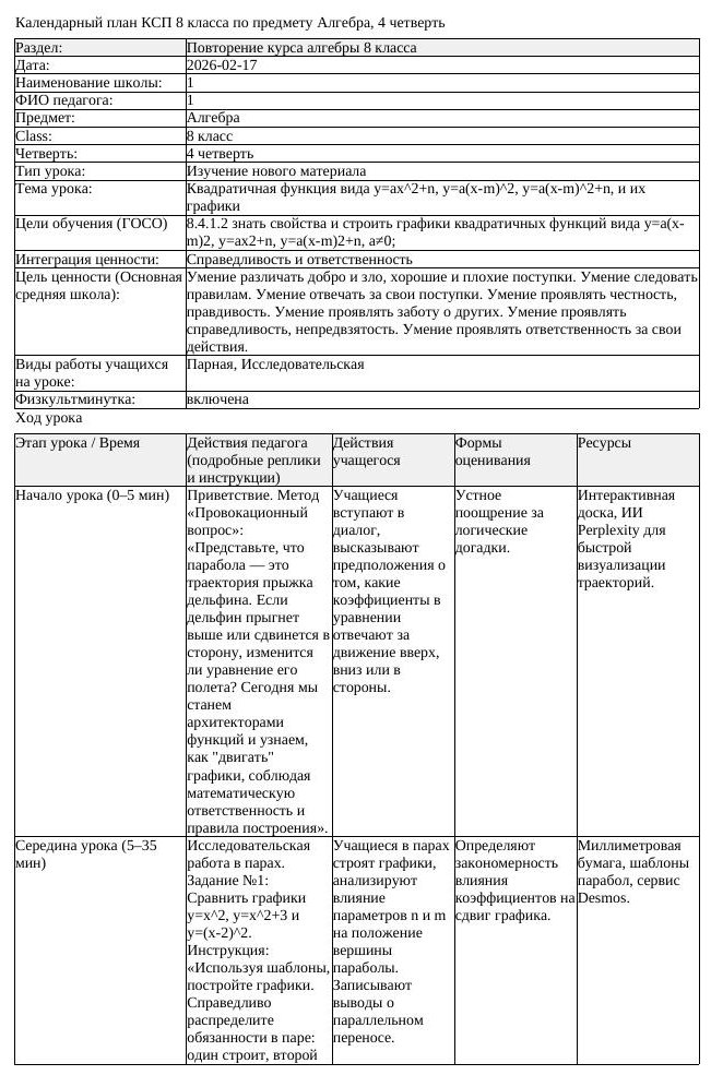 КСП Алгебра 8 класс 4 четверть Квадратичная функция вида у ах 2 n