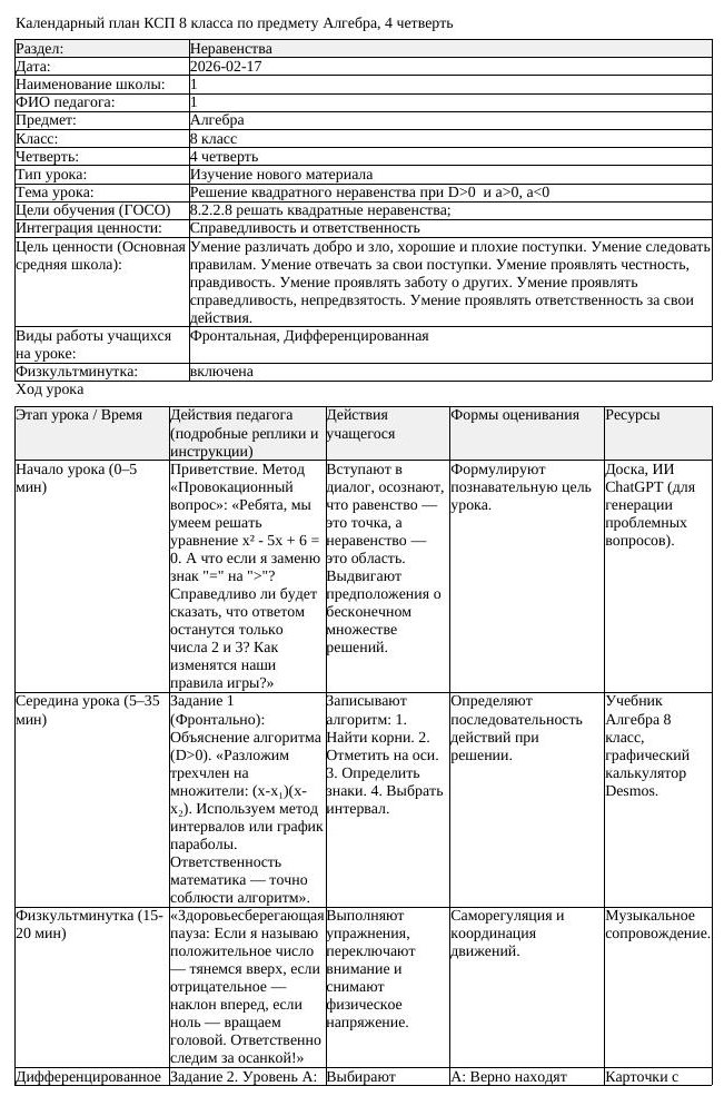 КСП Алгебра 8 класс 4 четверть Решение квадратного неравенства при (урок 1)