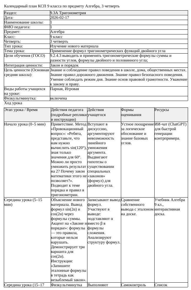 КСП Алгебра 9 класс 3 четверть Применение формул тригонометрических (урок 1)