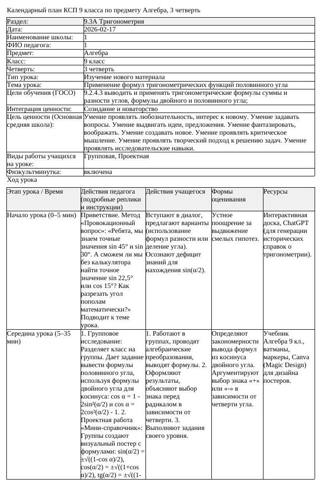 КСП Алгебра 9 класс 3 четверть Применение формул тригонометрических (урок 2)