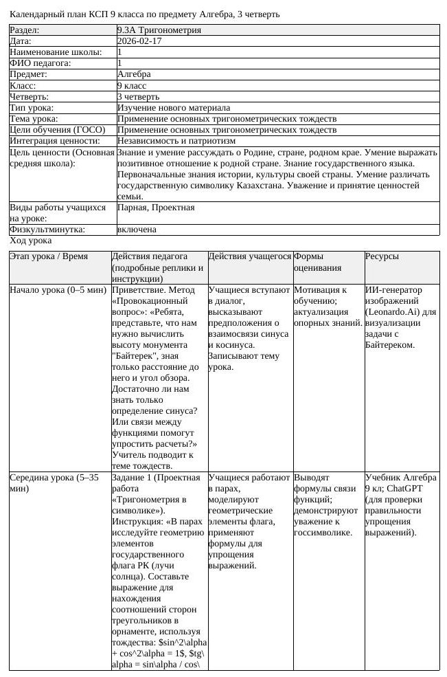 КСП Алгебра 9 класс 3 четверть Применение основных тригонометрических