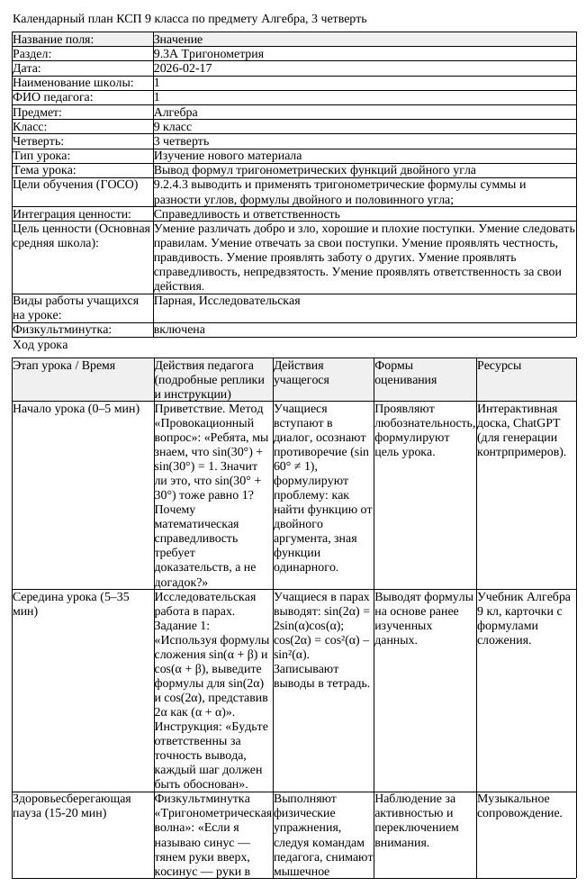 КСП Алгебра 9 класс 3 четверть Вывод формул тригонометрических функций (урок 1)
