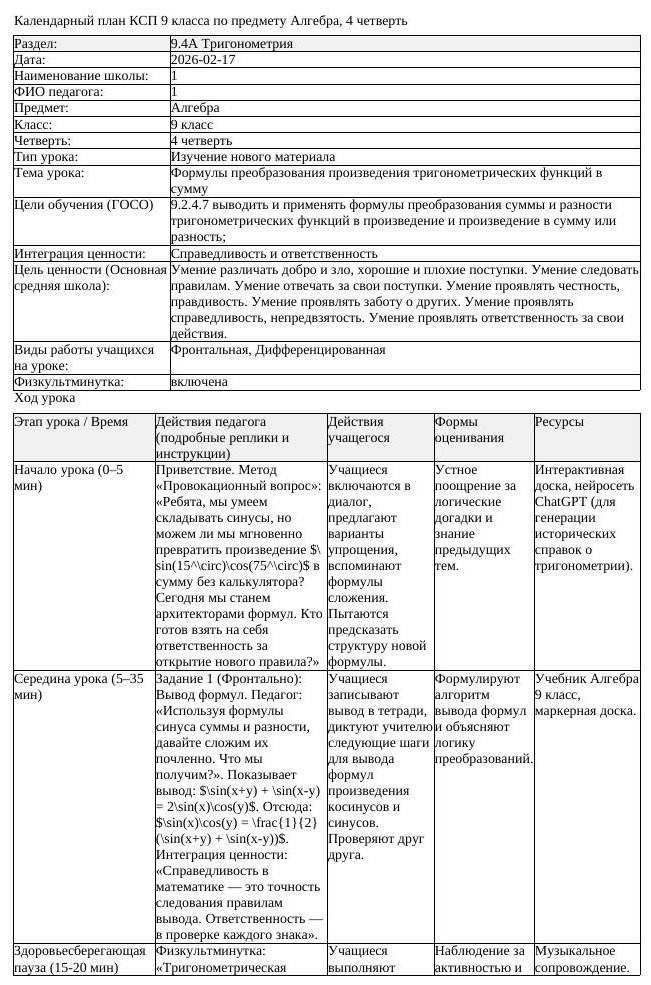 КСП Алгебра 9 класс 4 четверть Формулы преобразования произведения