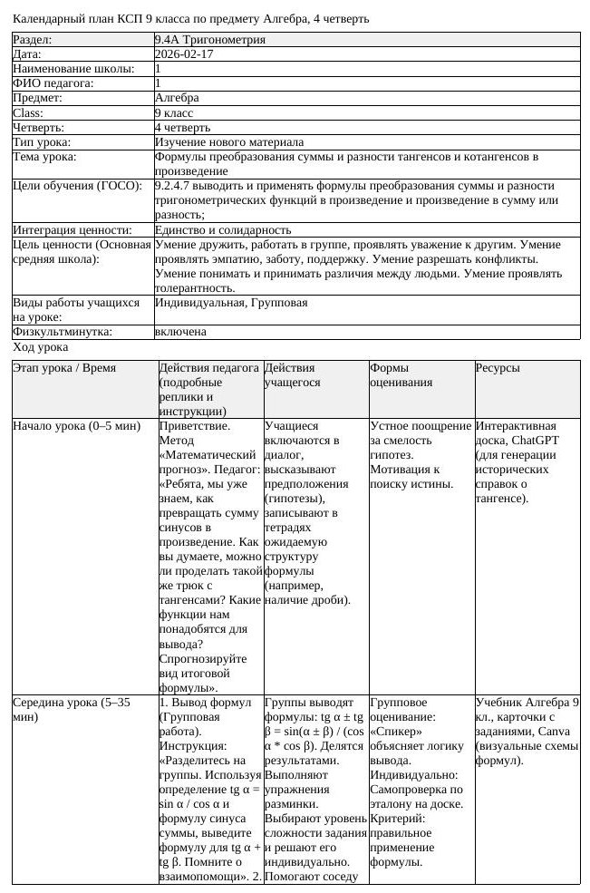 КСП Алгебра 9 класс 4 четверть Формулы преобразования суммы и разности (урок 2)