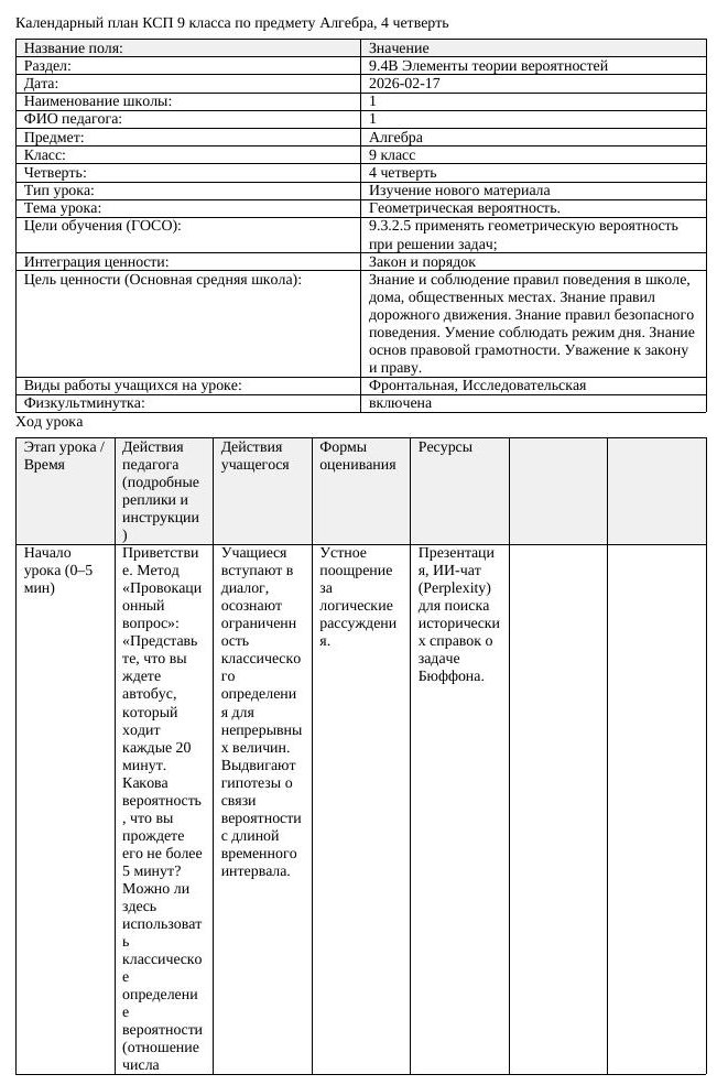 КСП Алгебра 9 класс 4 четверть Геометрическая вероятность