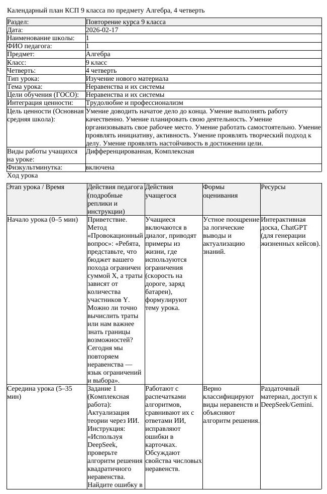 КСП Алгебра 9 класс 4 четверть Hеравенства и их системы