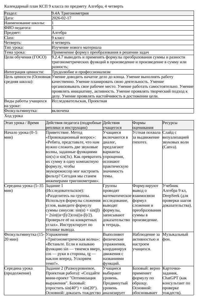 КСП Алгебра 9 класс 4 четверть Применение формул преобразования в