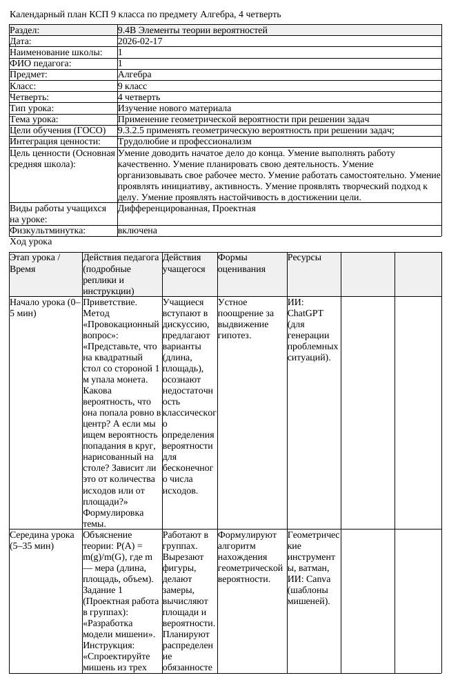 КСП Алгебра 9 класс 4 четверть Применение геометрической вероятности