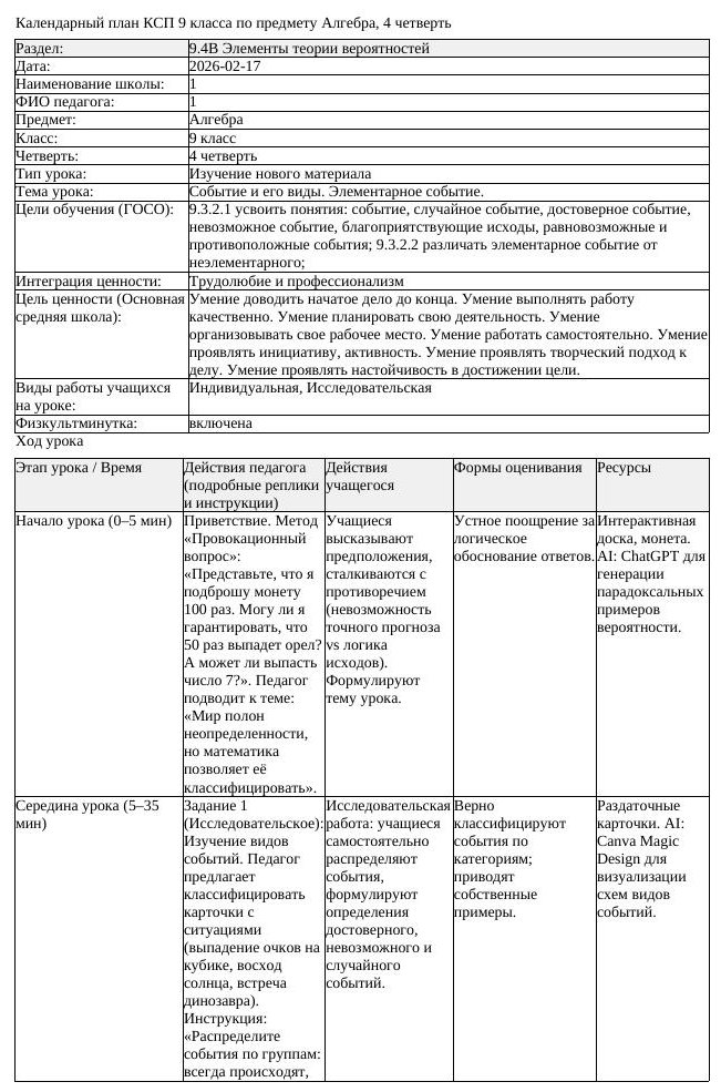 КСП Алгебра 9 класс 4 четверть Событие и его виды Элементарное событие