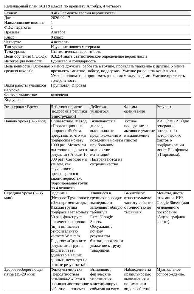 КСП Алгебра 9 класс 4 четверть Статистическая вероятность