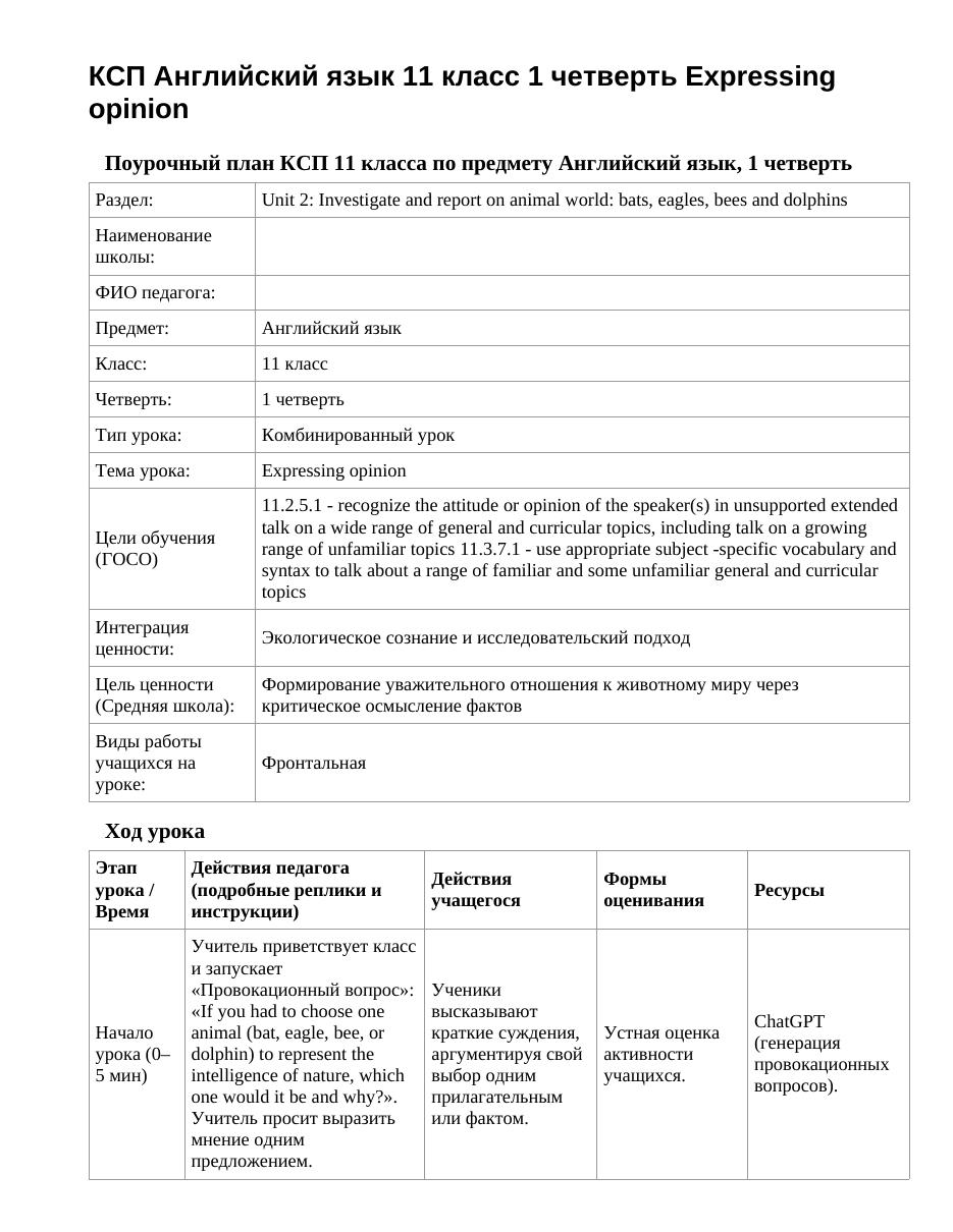 КСП Английский язык 11 класс 1 четверть Expressing opinion