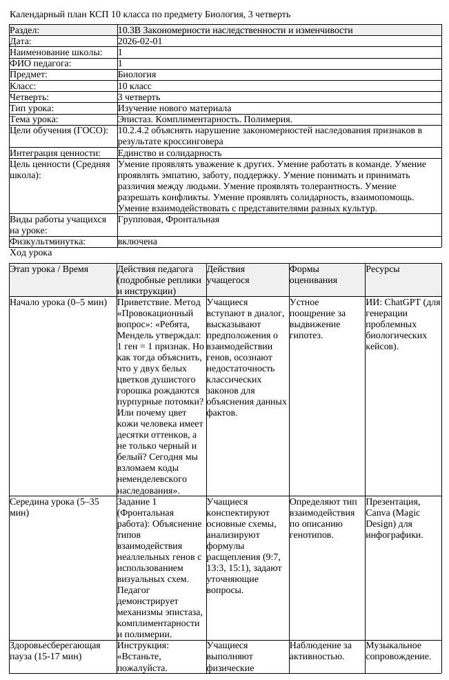КСП Биология 10 класс 3 четверть Эпистаз Комплиментарность Полимерия