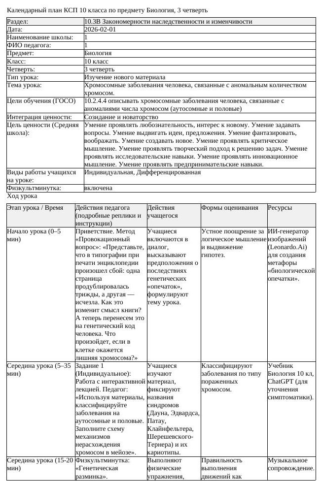 КСП Биология 10 класс 3 четверть Хромосомные заболевания человека