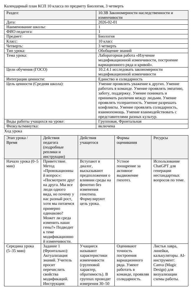 КСП Биология 10 класс 3 четверть Лабораторная работа Изучение модификационной
