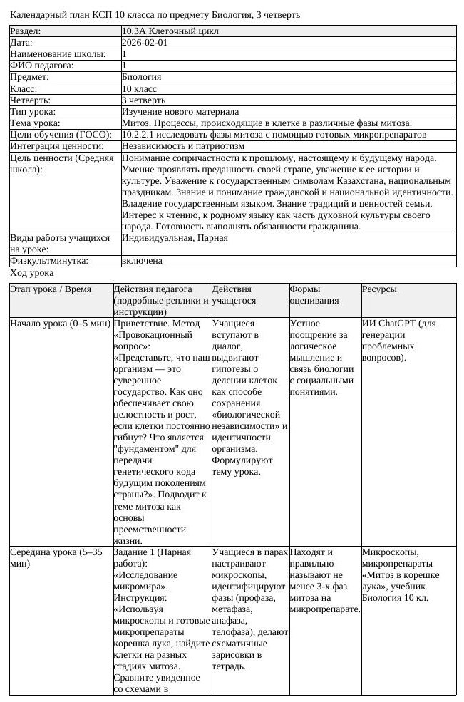 КСП Биология 10 класс 3 четверть Митоз Процессы происходящие в клетке