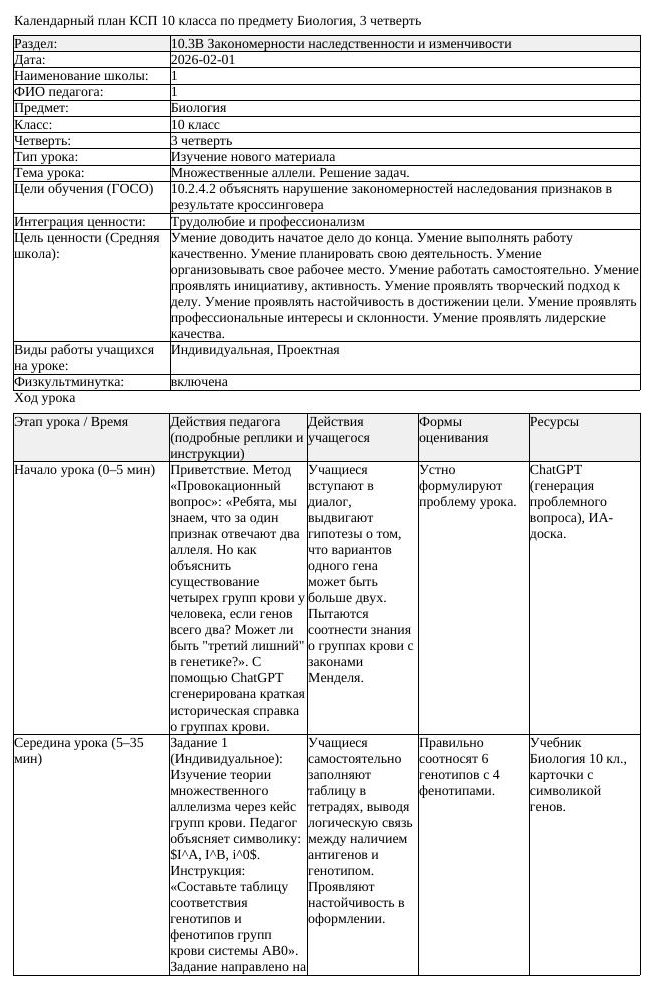 КСП Биология 10 класс 3 четверть Множественные аллели Решение задач