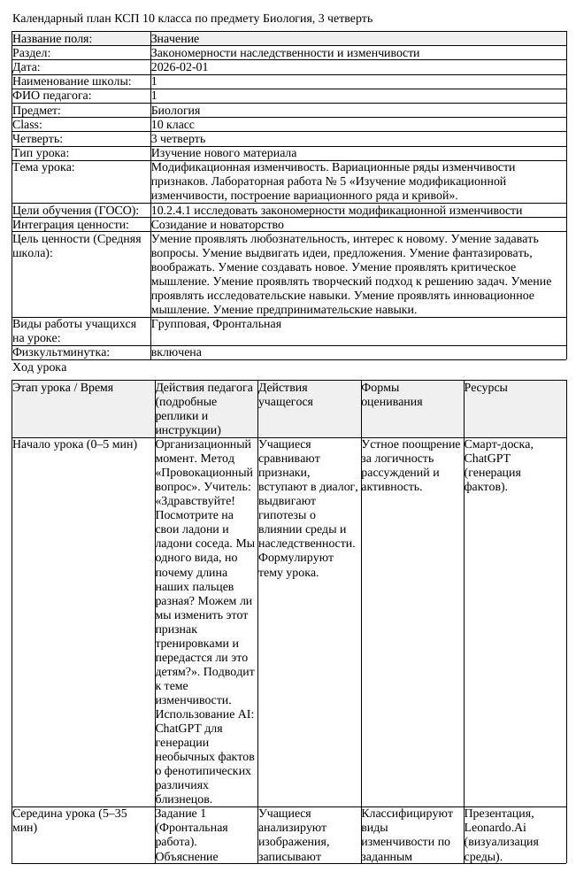 КСП Биология 10 класс 3 четверть Модификационная изменчивость Вариационные
