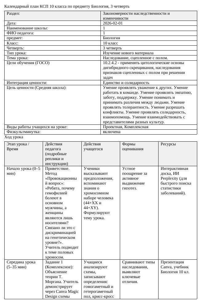 КСП Биология 10 класс 3 четверть Наследование сцепленное с полом docx (урок 2)