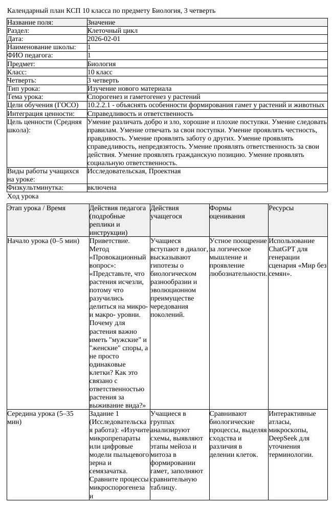 КСП Биология 10 класс 3 четверть Спорогенез и гаметогенез у растений