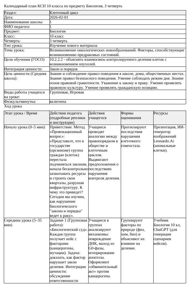 КСП Биология 10 класс 3 четверть Возникновение онкологических новообразований