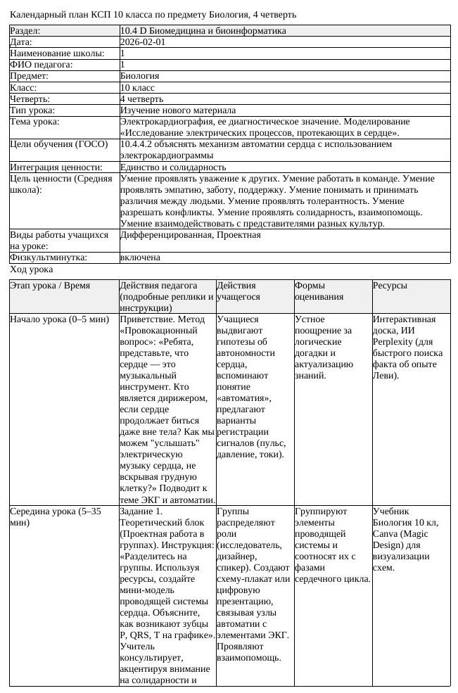 КСП Биология 10 класс 4 четверть Электрокардиография ее диагностическое (урок 1)
