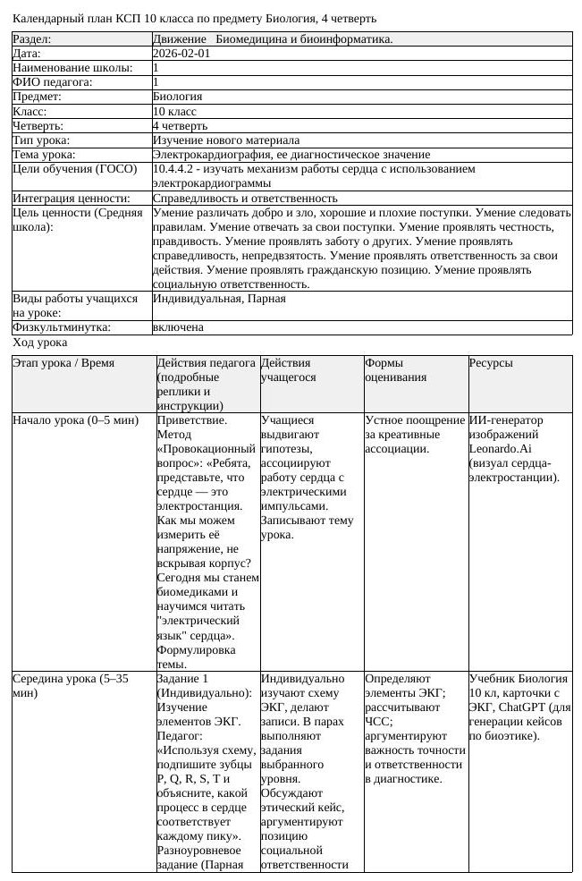 КСП Биология 10 класс 4 четверть Электрокардиография ее диагностическое (урок 2)